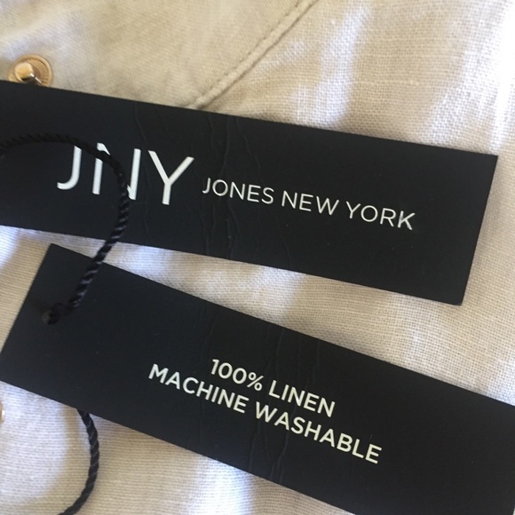 JONES NEW YORK linen womens L long line draw string jacket oatmeal gold tone NEW - Picture 7 of 16
